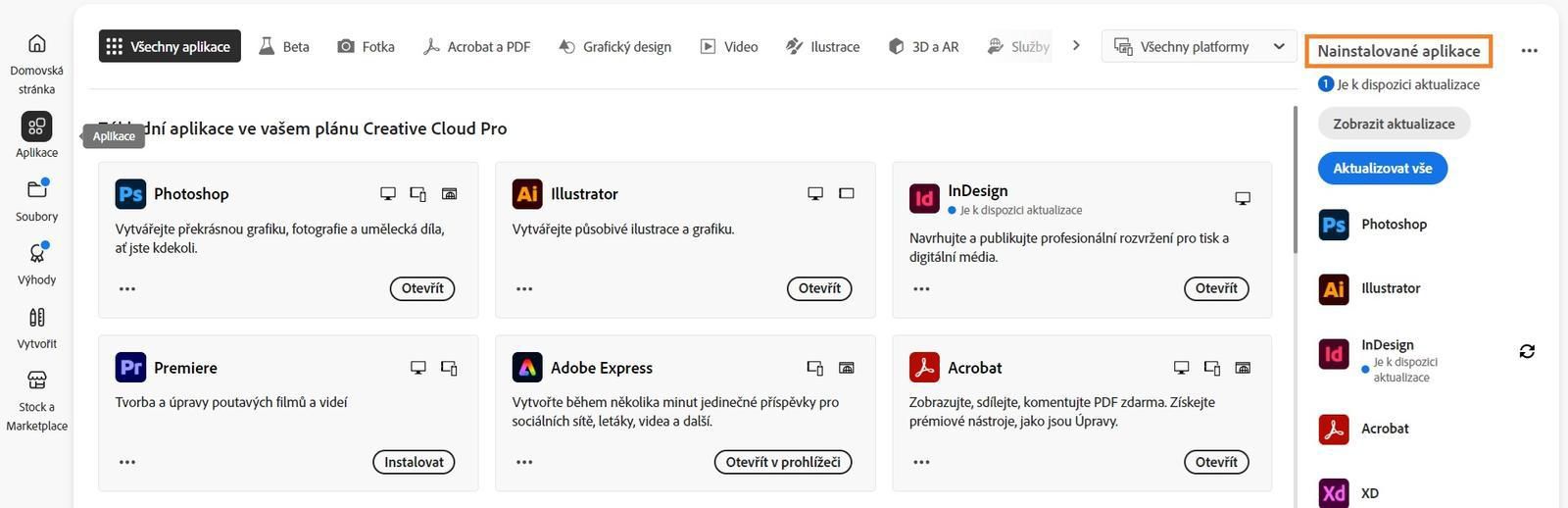 Na kartě Aplikace v aplikaci Creative Cloud pro počítače se zobrazí část „Nainstalované aplikace“ s možností Zobrazit aktualizace a aktualizovat všechny aplikace.