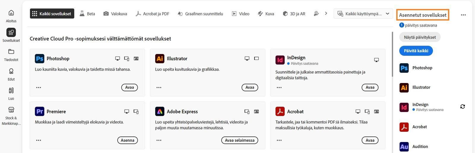 Creative Cloud -tietokonesovelluksen Sovellukset-välilehdessä näkyy Asennetut sovellukset -osio, jossa on Näytä päivitykset- ja Päivitä kaikki sovellukset -vaihtoehdot.