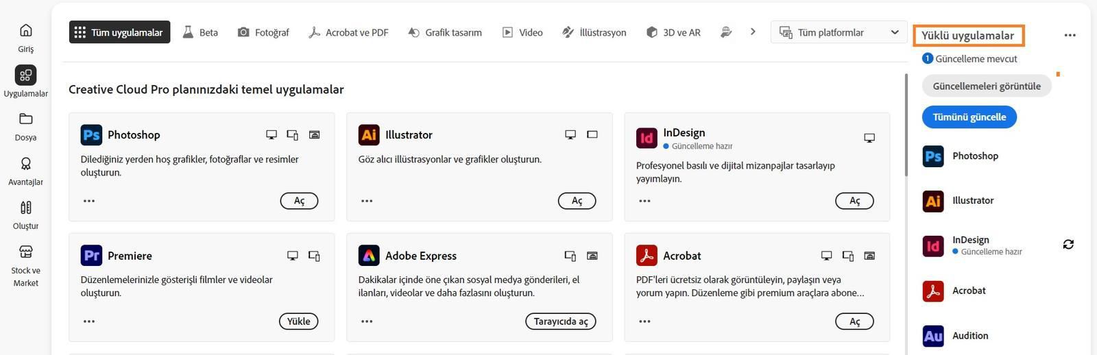 Creative Cloud masaüstü uygulamasındaki Uygulamalar sekmesinde, Güncellemeleri görüntüle ve Tüm uygulamaları güncelle seçeneklerinin olduğu “Yüklü uygulamalar” bölümü görüntülenir.