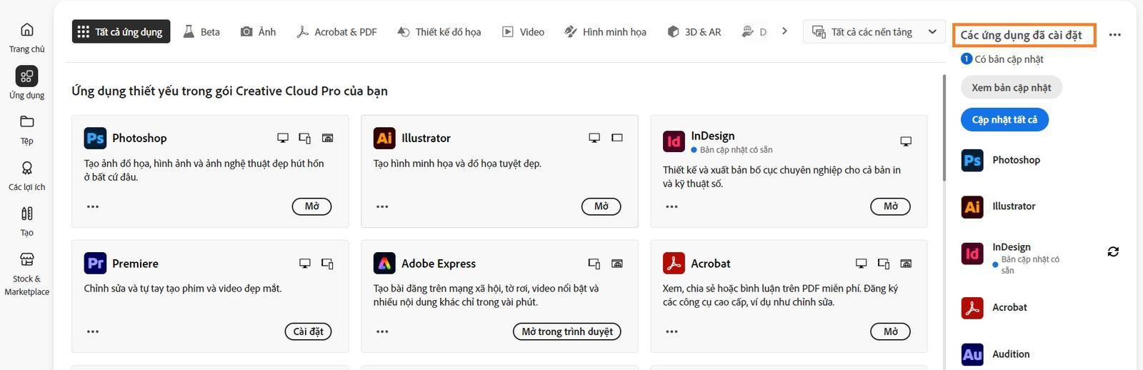 Tab Ứng dụng trong ứng dụng Creative Cloud cho máy tính để bàn sẽ hiển thị mục "Ứng dụng đã cài đặt" kèm theo tùy chọn Xem bản cập nhật và Cập nhật tất cả ứng dụng.