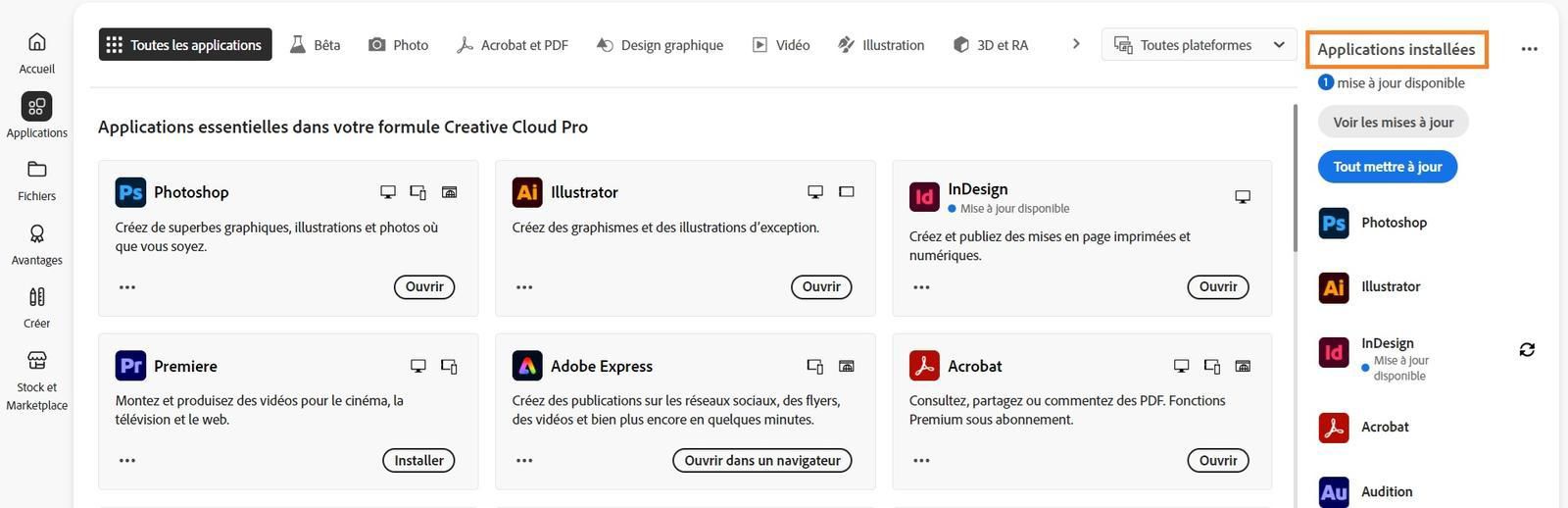 L’onglet Applications de l’application de bureau Creative Cloud affiche la section « Applications installées » avec l’option « Afficher les mises à jour et mettre à jour toutes les applications ».