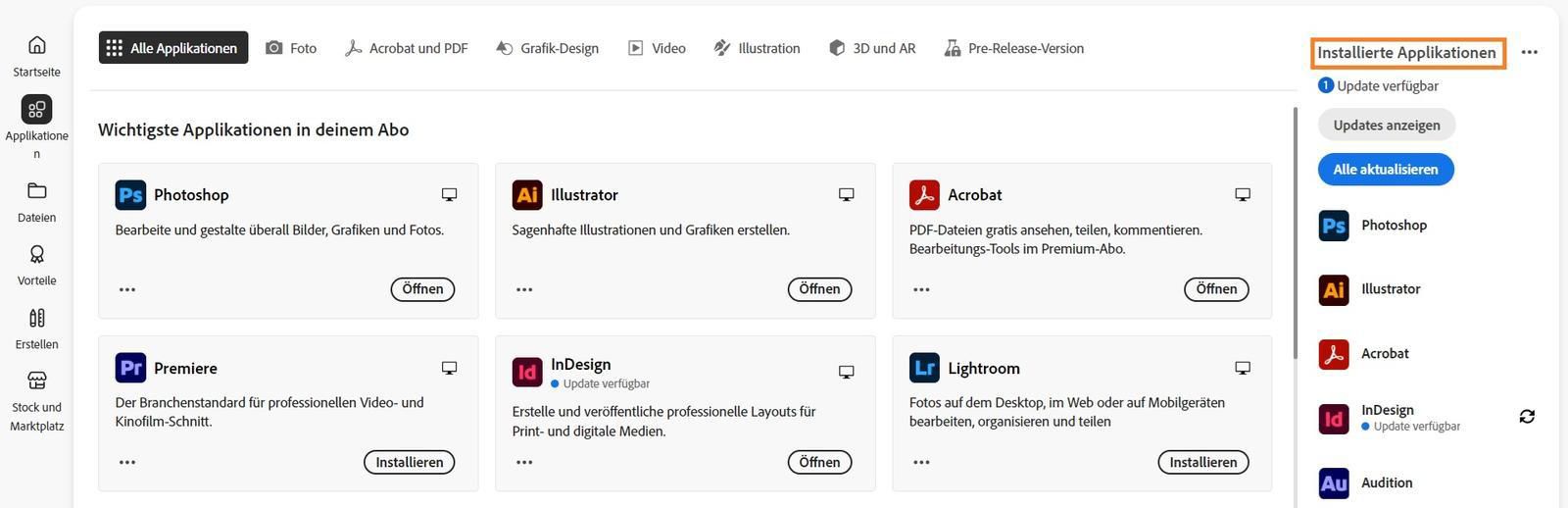 Im Creative Cloud-Client wird auf der Registerkarte „Applikation“ der Bereich „Installierte Applikationen“ mit den Optionen „Updates anzeigen“ und „Alle Applikationen aktualisieren“ angezeigt.