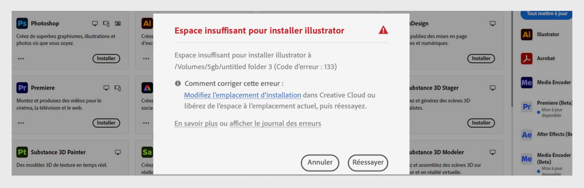 Boîte de dialogue d’erreur affichant « Plus d’espace requis pour installer Illustrator » avec le code d’erreur 133, un message d’espace de stockage insuffisant et les boutons Annuler et Réessayer.