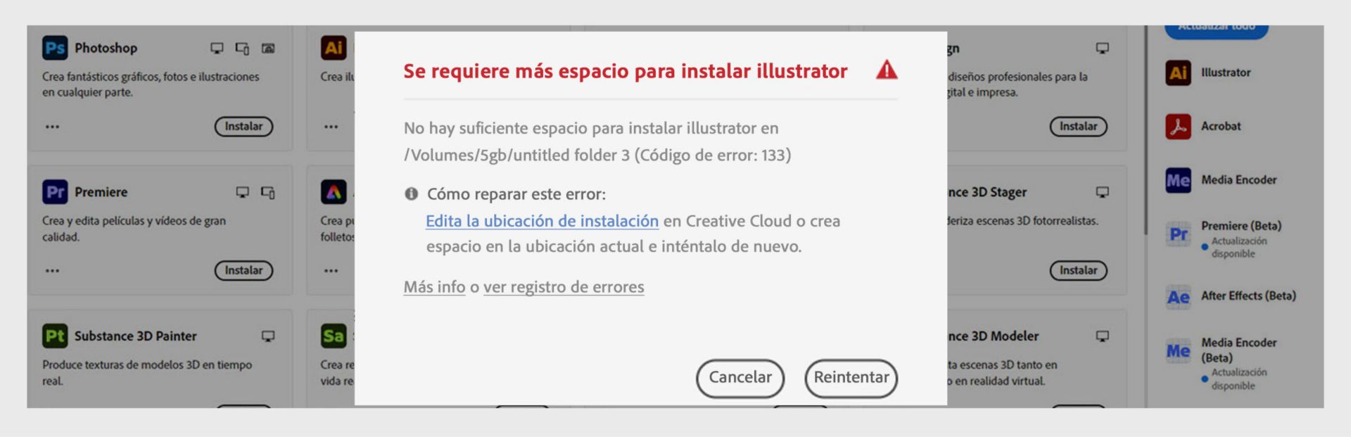 Diálogo de error que muestra "Se necesita más espacio para instalar Illustrator" con el código de error 133, un mensaje de almacenamiento insuficiente y los botones Cancelar y Reintentar.