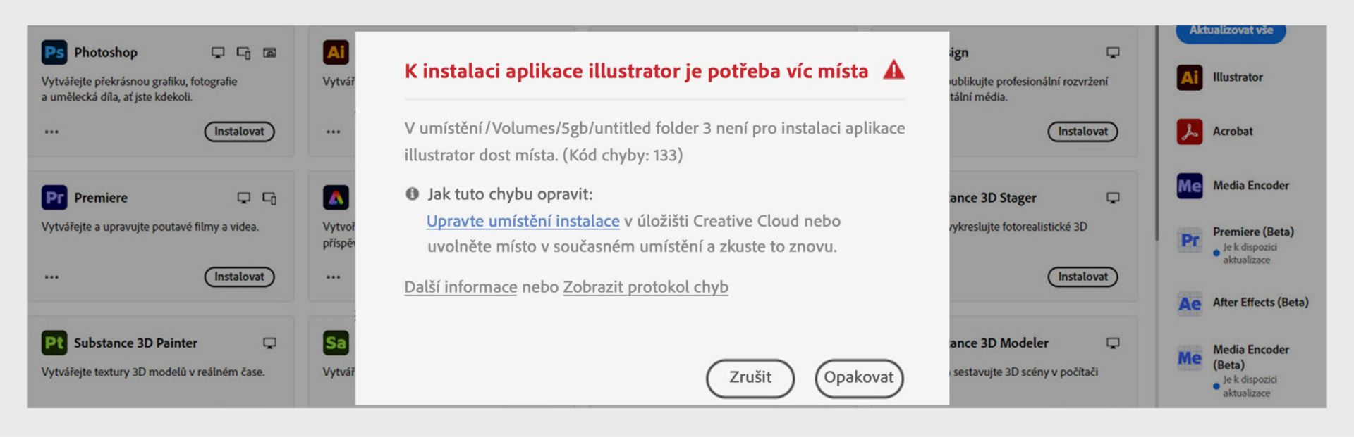 Dialogové okno s chybou „K instalaci aplikace Illustrator je zapotřebí více místa“ s kódem chyby 133, zprávou o nedostatečném úložném prostoru a tlačítky Zrušit a Zkusit znovu.