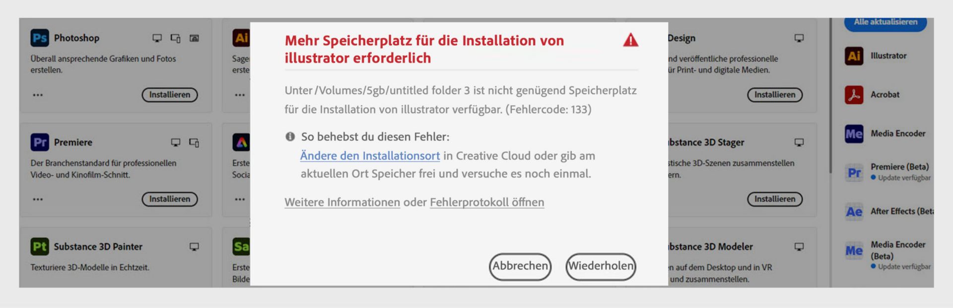 Fehlerdialog mit der Meldung „Für die Installation von Illustrator ist mehr Speicherplatz erforderlich" mit Fehlercode 133, Meldung über unzureichenden Speicherplatz sowie den Schaltflächen Abbrechen und Erneut versuchen.