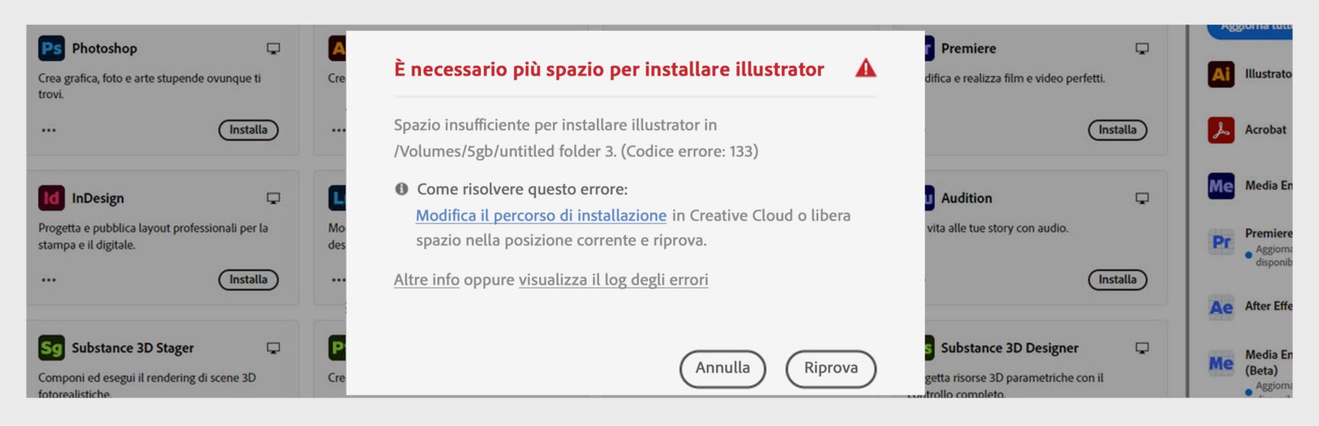Finestra di dialogo dell'errore che mostra "È necessario più spazio per installare illustrator" con Codice di errore 133, messaggio di spazio insufficiente e pulsanti Annulla e Riprova.