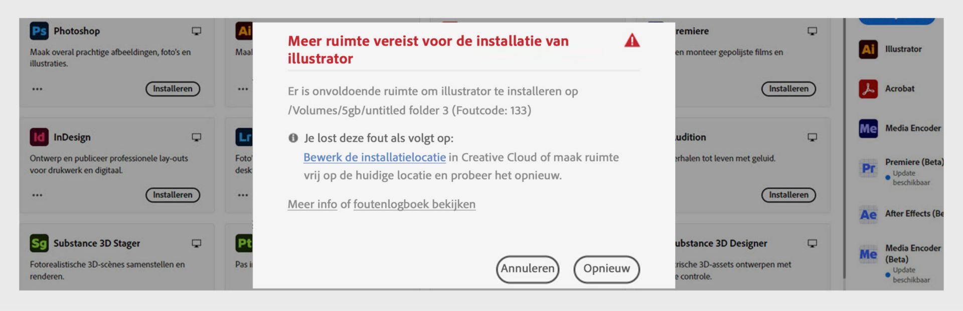 Foutdialoog met "Meer ruimte vereist om illustrator te installeren" met Foutcode 133, onvoldoende opslagruimte bericht en knoppen Annuleren en Opnieuw proberen.