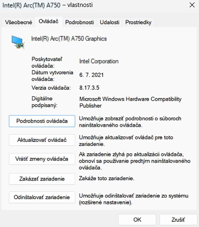 Overenie inštalácie ovládača