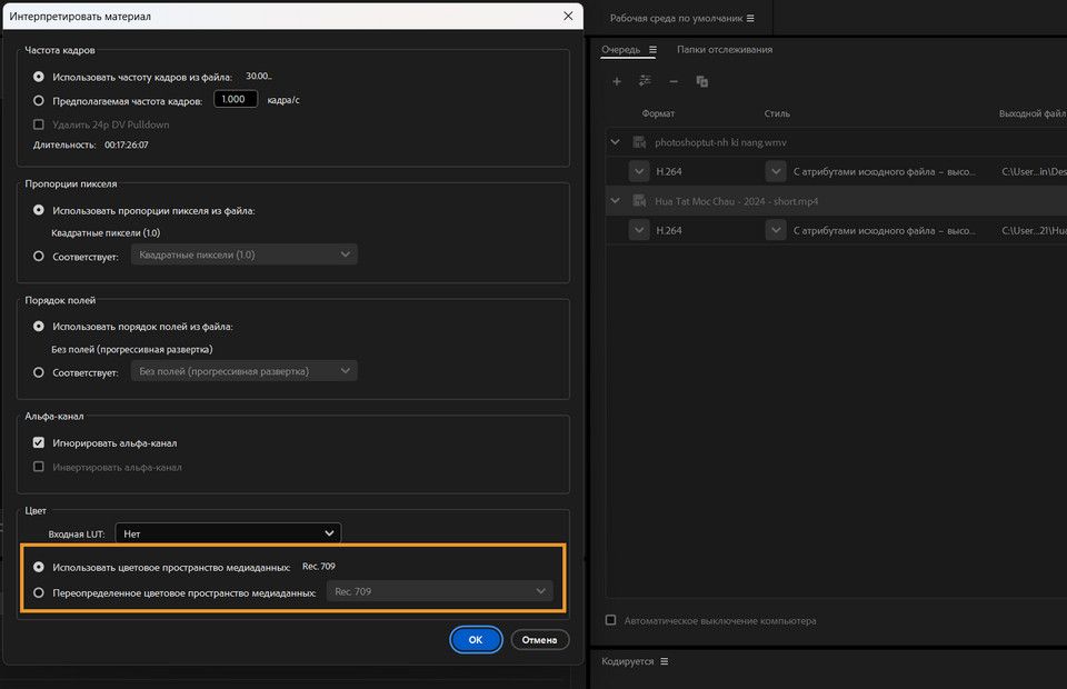 Adobe Media Encoder автоматически обнаруживает и задает цветовое пространство логарифмического видео iPhone ProRes в диалоговом окне «Интерпретировать видеоряд».