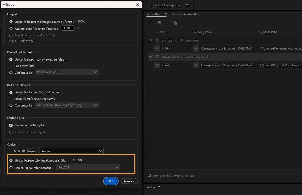 Adobe Media Encoder détecte et définit automatiquement l’espace colorimétrique de la vidéo logarithmique ProRes de l’iPhone dans la boîte de dialogue Interpréter le métrage.