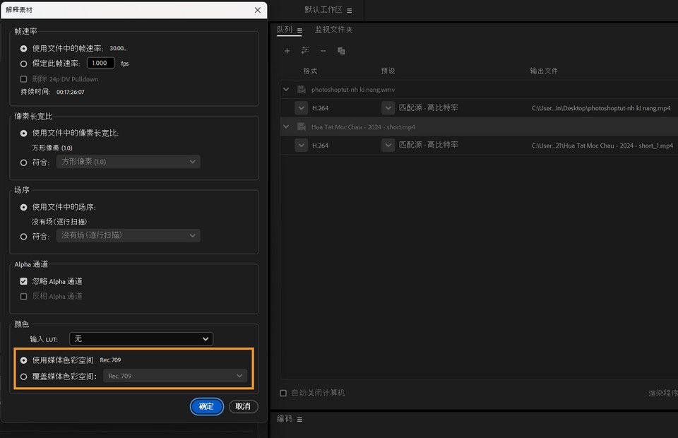 Adobe Media Encoder 会在“解释素材”对话框中自动检测并设置 iPhone ProRes Log 视频的色彩空间。