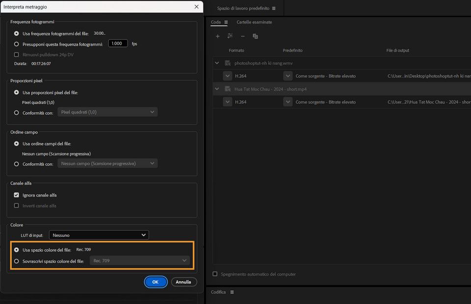 Adobe Media Encoder rileva automaticamente e imposta lo spazio colore del video log di iPhone ProRes nella finestra di dialogo Interpreta metraggio.