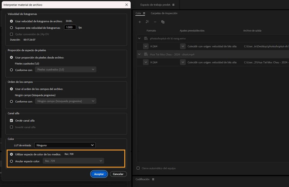 Adobe Media Encoder detecta automáticamente y establece el espacio de color del vídeo de registro de iPhone ProRes en el cuadro de diálogo Interpretar metraje.