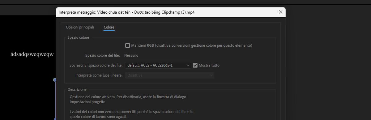 La finestra di dialogo Interpreta metraggio è aperta e, nella scheda Colore, sono presenti diverse impostazioni per configurare e gestire i vari parametri dei file multimediali importati, tra cui la gestione colore.