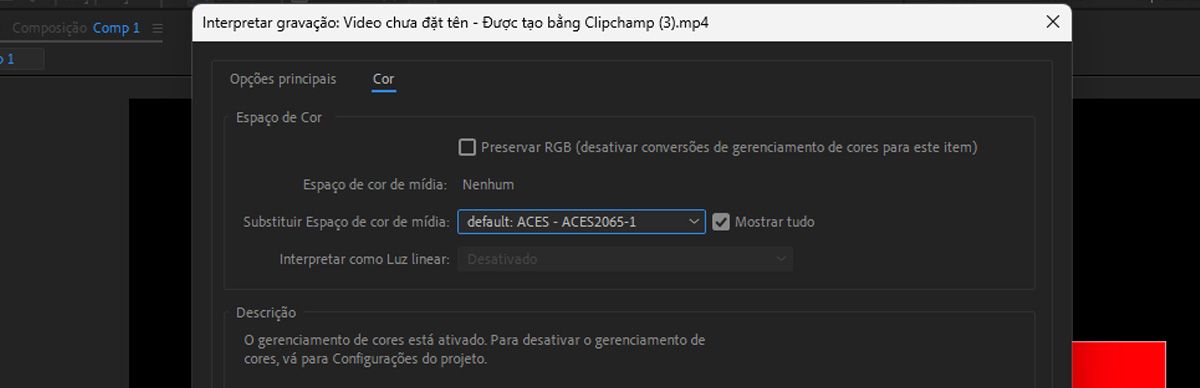 A caixa de diálogo Interpretar gravação aberta com várias configurações para definir e gerenciar a mídia importada na guia Cor, incluindo o gerenciamento de cores.