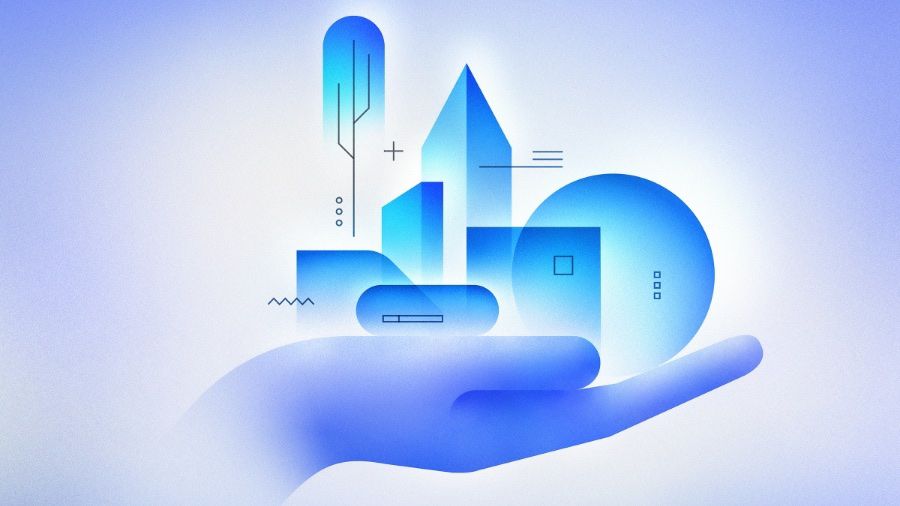 illustration of a blue hand holding blue shapes symbolizing ideas
