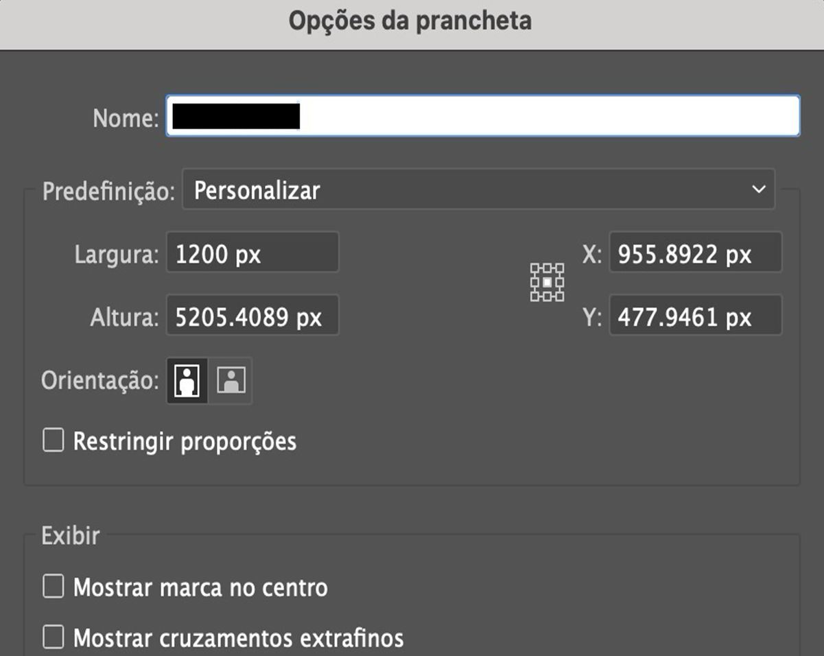 Caixa de diálogo Opções de prancheta mostrando campos para nome, largura e altura personalizadas, posição X e Y, orientação e configurações de exibição.