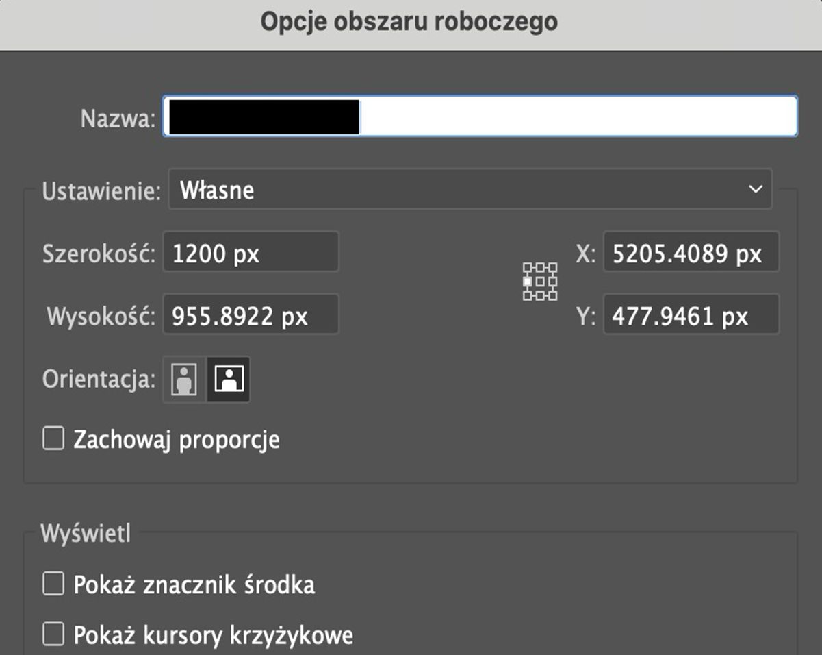 Okno dialogowe Opcje obszaru kompozycji, w którym wyświetlane są pola nazwy, niestandardowa szerokość i wysokość, pozycja współrzędnych X i Y, orientacja oraz ustawienia wyświetlania.