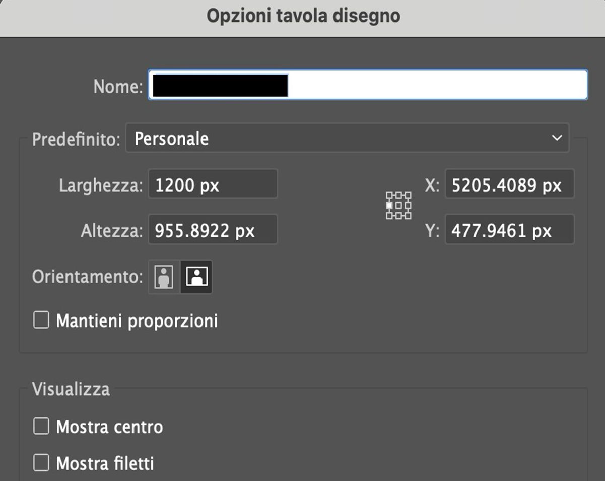 Finestra di dialogo Opzioni tavola disegno che mostra i campi del nome, della larghezza e dell'altezza personalizzate, delle posizioni X e Y, dell'orientamento e delle impostazioni di visualizzazione.
