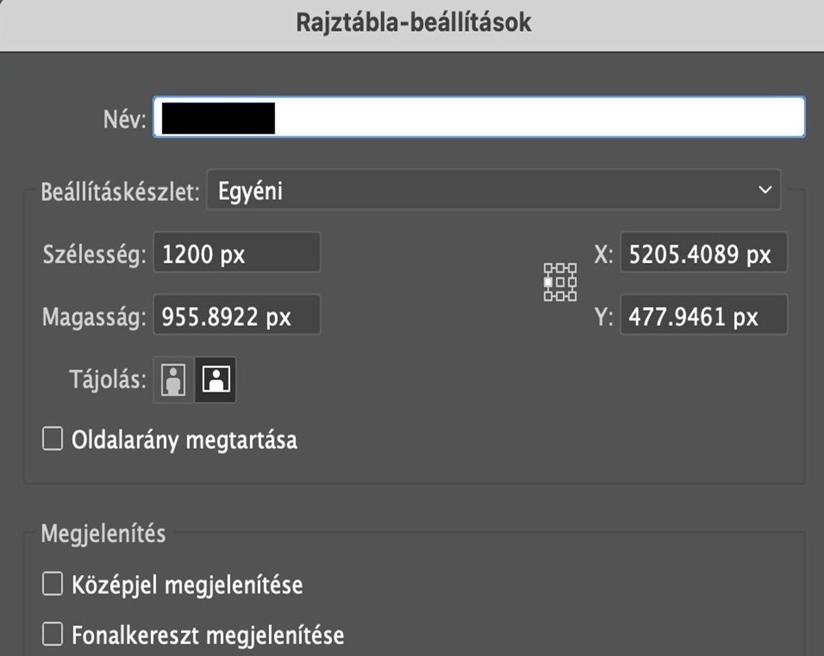 A Rajztábla beállítások párbeszédpanel mezőket mutat a név, egyéni szélesség és magasság, X és Y pozíció, tájolás és megjelenítési beállítások számára.