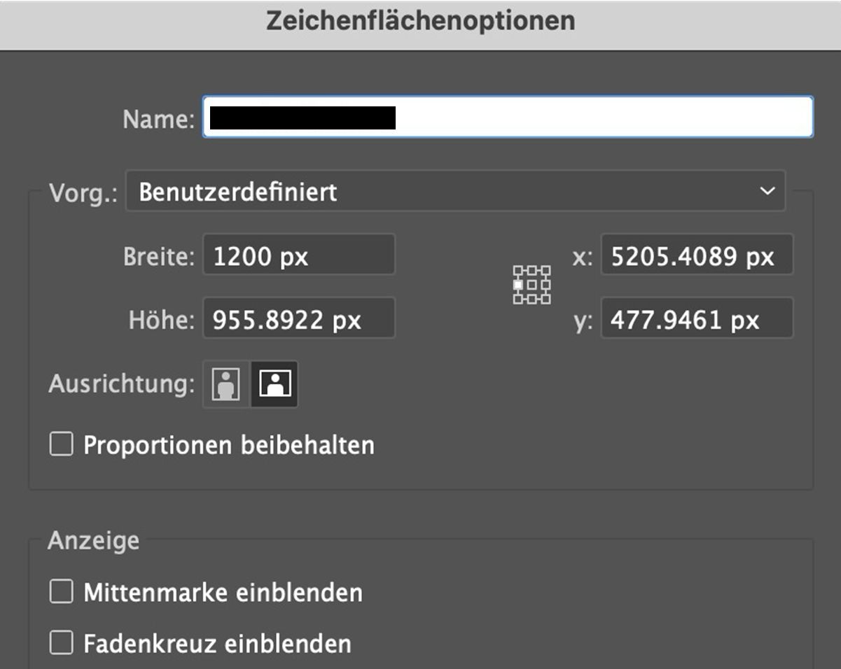Dialogfeld „Zeichenflächenoptionen“ mit Feldern für Name, benutzerdefinierte Breite und Höhe, X- und Y-Position, Ausrichtung und Anzeigeeinstellungen.