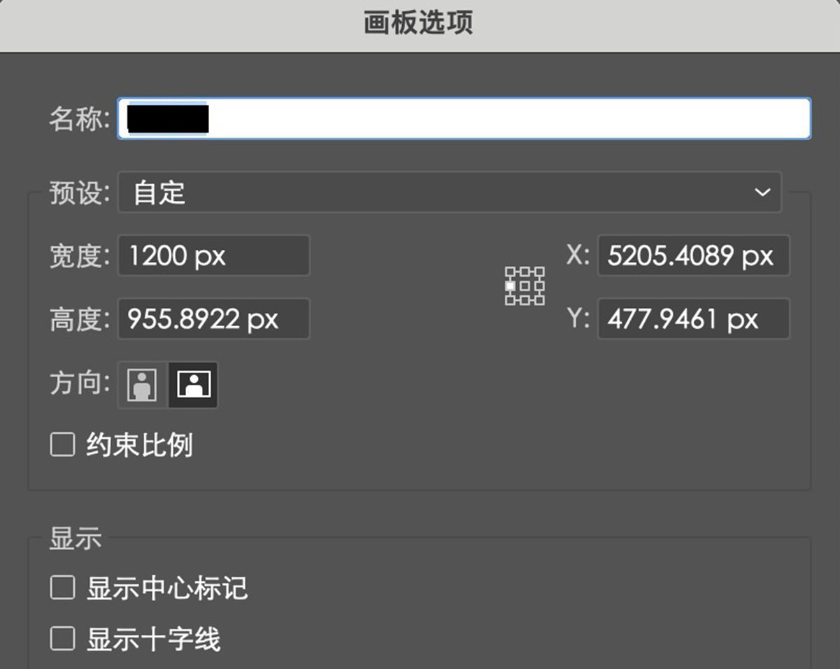 画板选项对话框显示名称、自定义宽度和高度、X 和 Y 位置、方向以及显示设置字段。