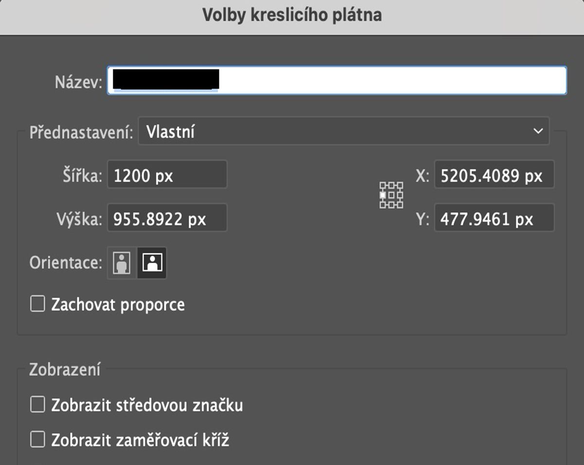 Dialogové okno Možnosti kreslicího plátna zobrazující pole pro název, vlastní šířku a výšku, polohu X a Y, orientaci a nastavení zobrazení.