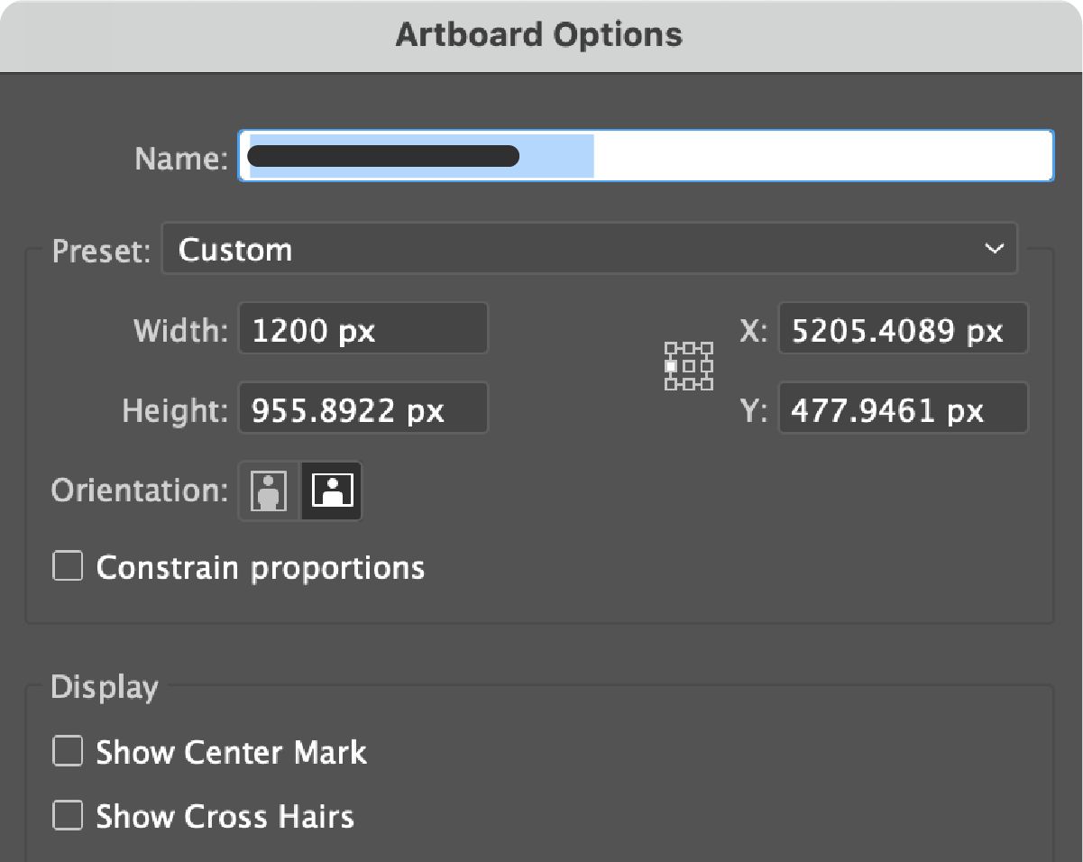 ‫תיבת הדו-שיח Artboard Options מציגה שדות עבור שם, רוחב וגובה בהתאמה אישית, מיקום X ו-Y, כיוון והגדרות תצוגה.‬