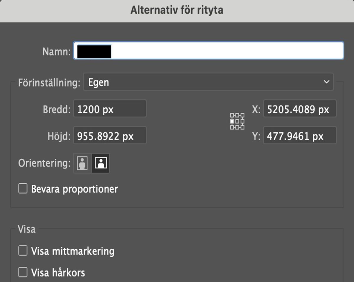 Dialogrutan Alternativ för ritytor med fält för namn, anpassad bredd och höjd, X- och Y-position, orientering och visningsinställningar.