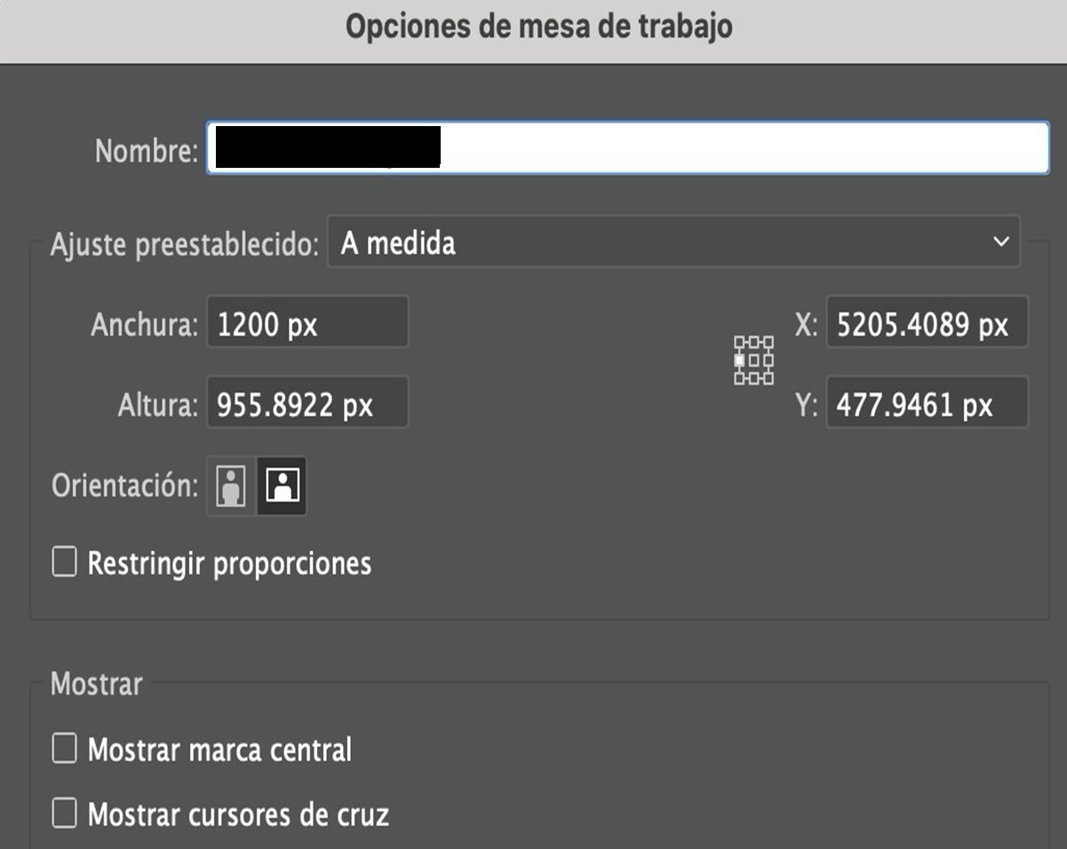 Cuadro de diálogo Opciones de mesa de trabajo que muestra campos para nombre, anchura y altura personalizadas, posición X e Y, orientación y ajustes de visualización.