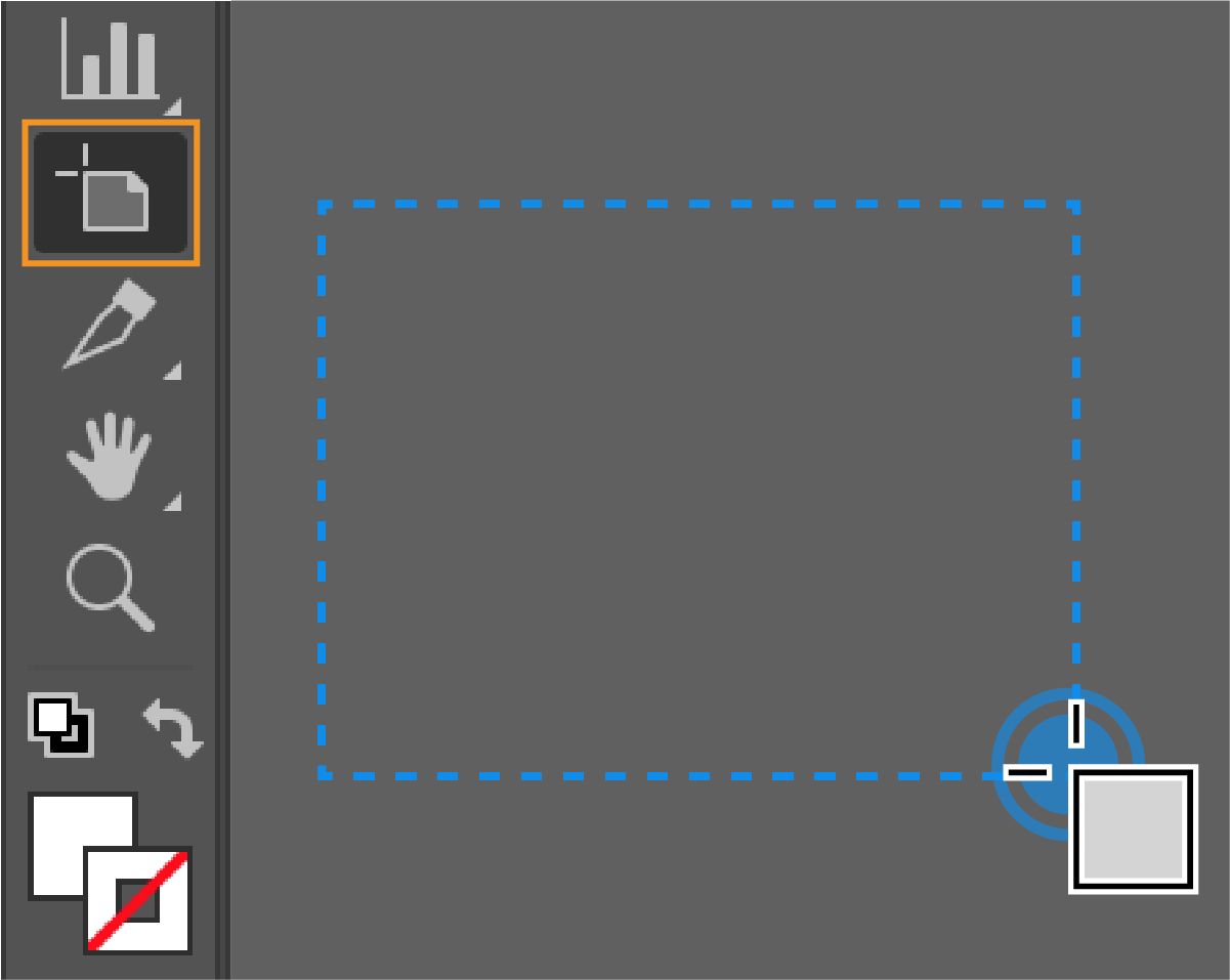 In der Symbolleiste ausgewähltes Zeichenflächen-Werkzeug, das eine neue Zeichenfläche mit einer blauen gestrichelten Kontur auf der Arbeitsfläche zeichnet.