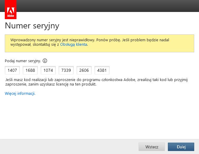 Nieprawidłowy numer seryjny, zablokowany klucz, powiadomienie