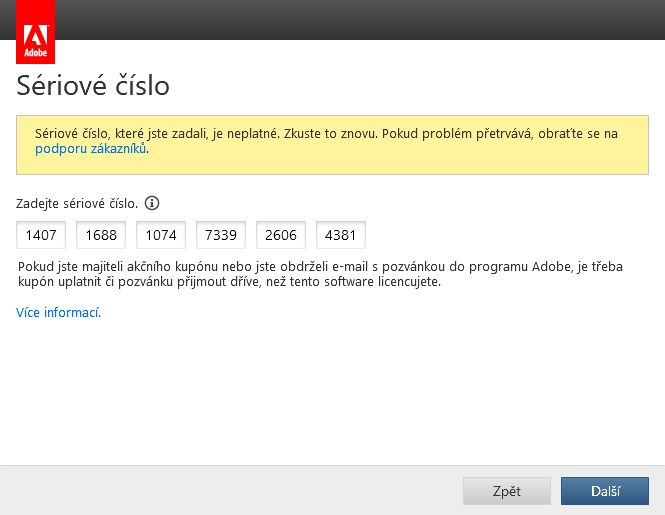 Neplatné sériové číslo, blokovaný kód, oznámení