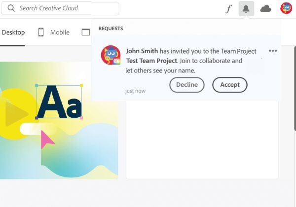 Mitarbeitende erhalten eine Einladung zur Zusammenarbeit, die in der Creative Cloud-Desktop-Anwendung angezeigt wird