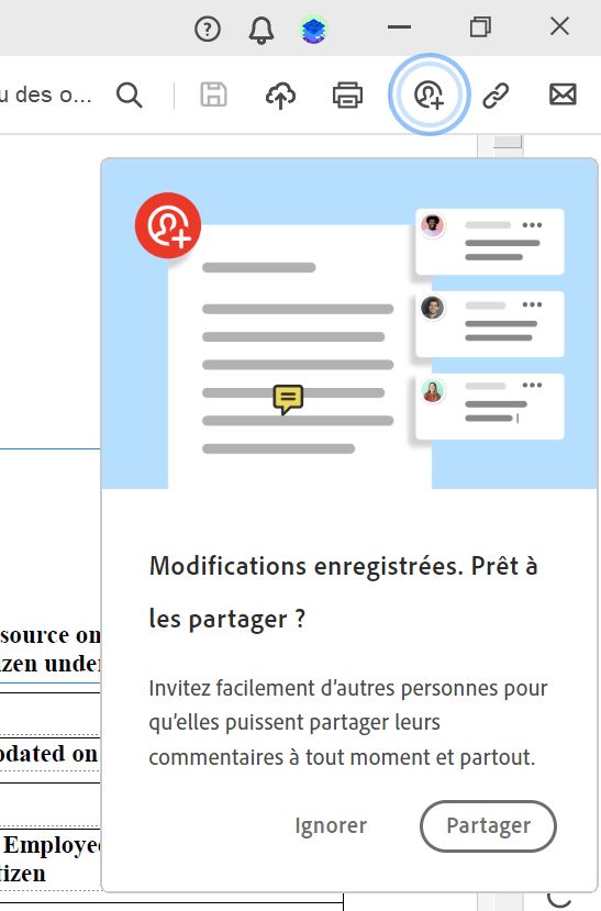 Invite de partage de fichiers après la création d’un fichier PDF à partir du presse-papiers, d’une page web ou d’une page vierge 