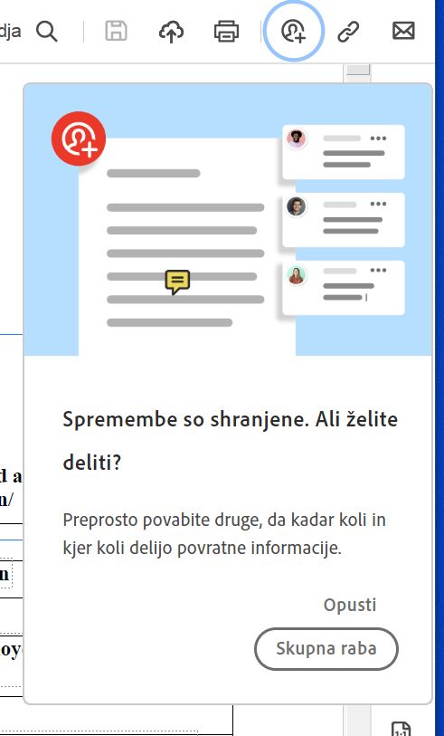 Poziv za skupno rabo datoteke po ustvarjanju PDF-ja iz odložišča, spletne strani ali prazne strani 