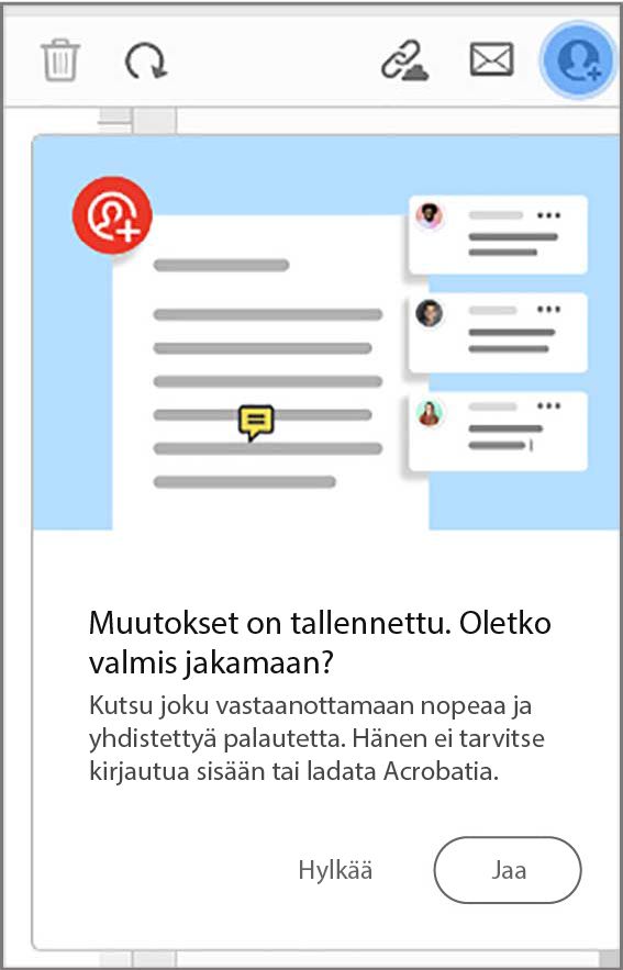 Jaa tiedosto -kehote, kun olet luonut PDF-tiedoston leikepöydältä, verkkosivulta tai tyhjältä sivulta 