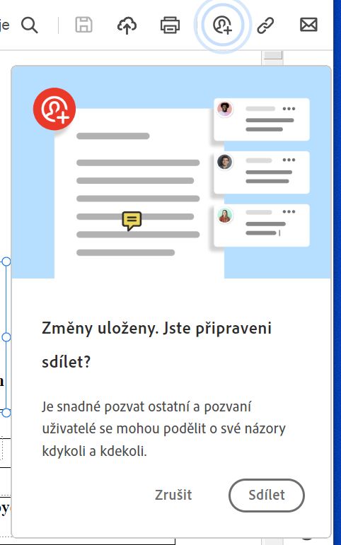Výzva ke sdílení souboru po vytvoření souboru PDF ze schránky, webové stránky nebo prázdné stránky 