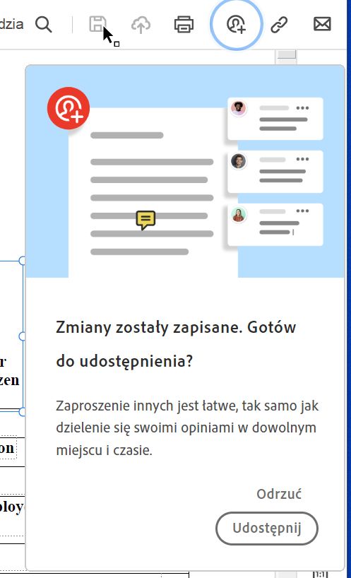 Monit o udostępnienie pliku po utworzeniu pliku PDF z poziomu schowka, strony internetowej lub pustej strony 