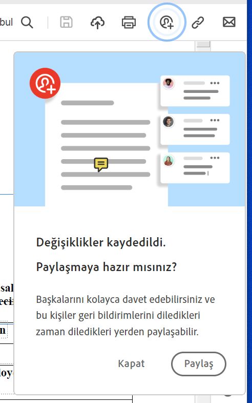 Pano veya Web Sayfasından ya da Boş Sayfadan pdf oluşturduktan sonra dosya paylaşma istemi 