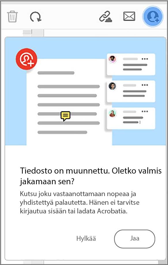Jaa tiedosto -kehote PDF-tiedostoksi muuntamisen jälkeen
