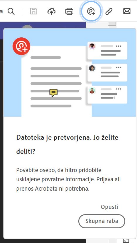 Poziv za skupno rabo datoteke po pretvorbi v PDF