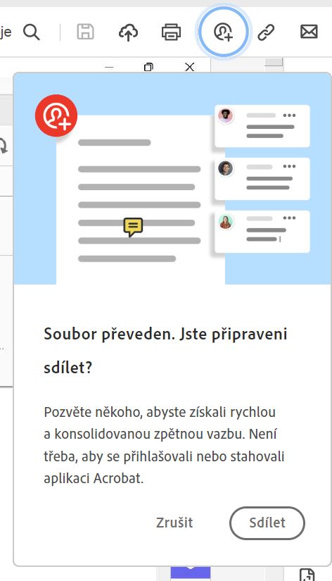 Výzva ke sdílení souboru po převodu do formátu PDF