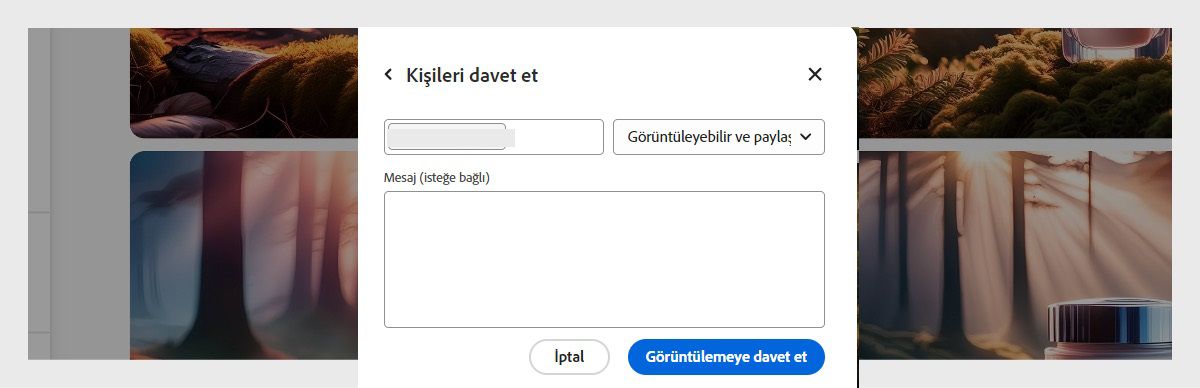 &quot;Kişileri davet et&quot; iletişim kutusu açılır ve davet etmek istediğiniz kullanıcının bilgilerini ekleyebileceğiniz e-posta adresi alanı gösterilir. Açılır menüde erişim izinleri için iki seçenek vardır. Şu anda Görüntüleyebilir seçeneği belirlenmiştir. Davet edilen kullanıcı için mesaj ekleyebileceğiniz &quot;Mesaj&quot; alanı ve &quot;Görüntülemeye davet et&quot; düğmesi vardır.