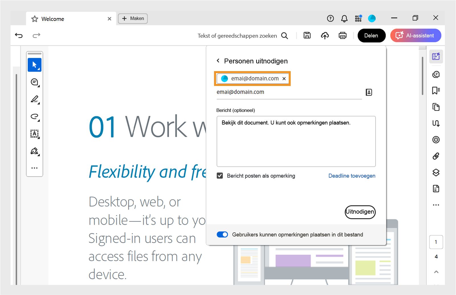 Nodig specifieke personen uit om de gedeelde PDF te bekijken of opmerkingen toe te voegen.