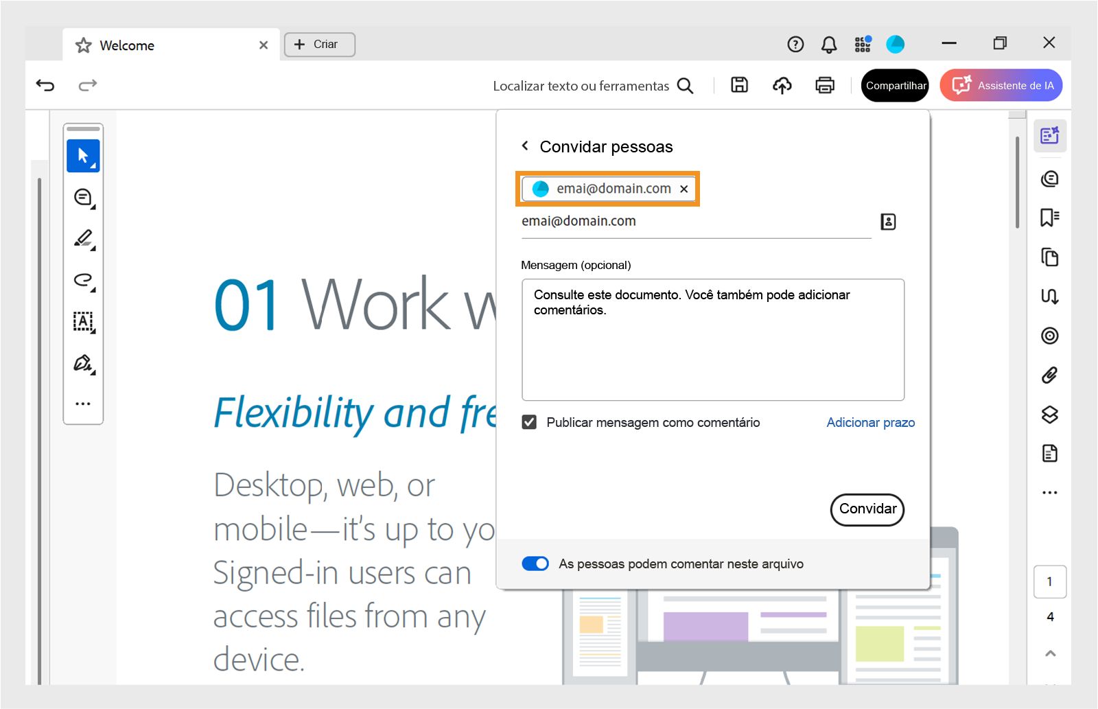 Convide pessoas específicas para exibir ou comentar no PDF compartilhado.