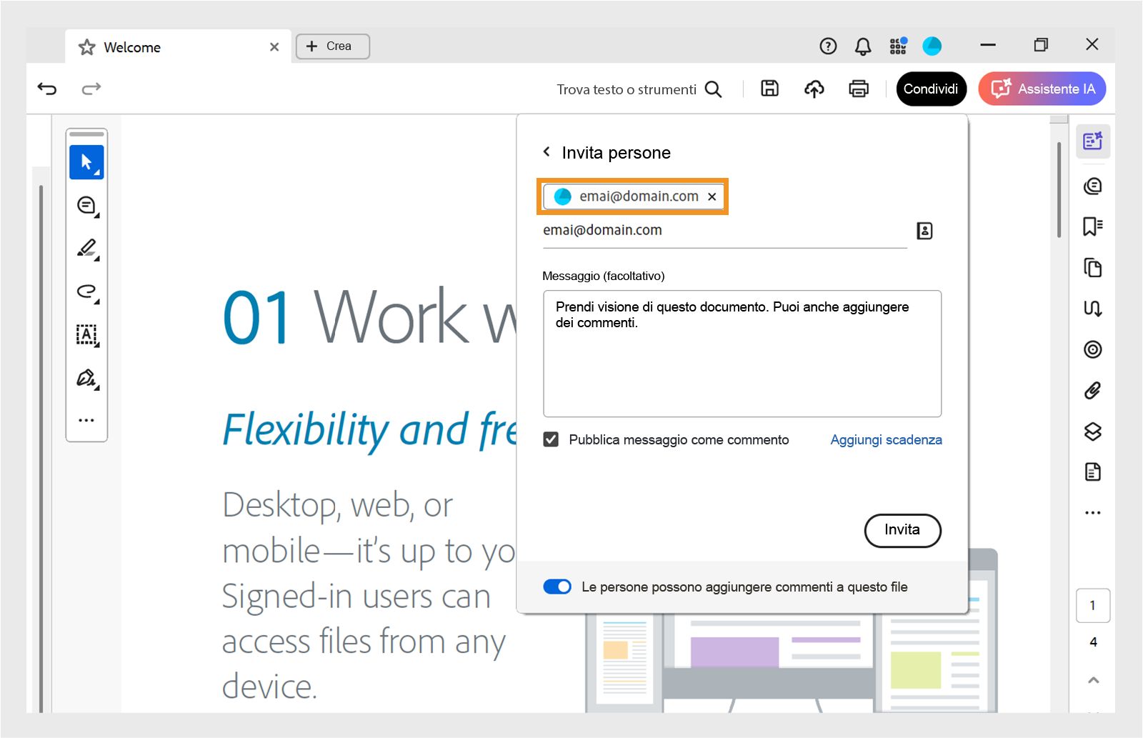 Invita singoli utenti specifici a visualizzare o inserire commenti sul PDF condiviso.