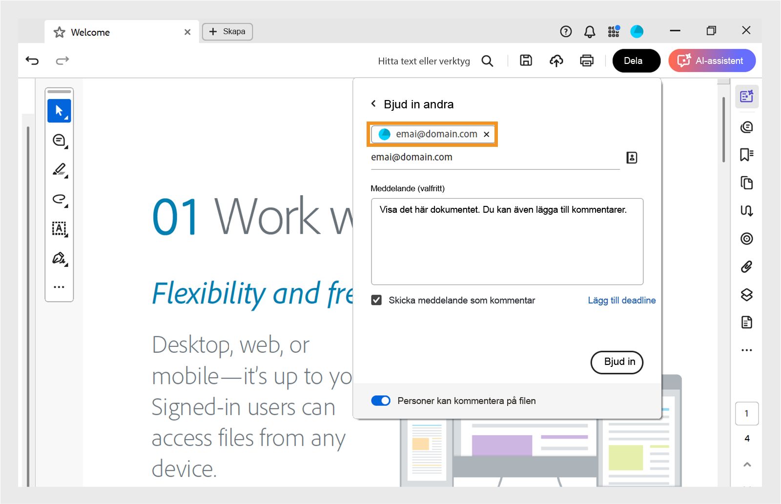 Bjud in särskilda användare för att visa eller kommentera på den delade PDF-filen.