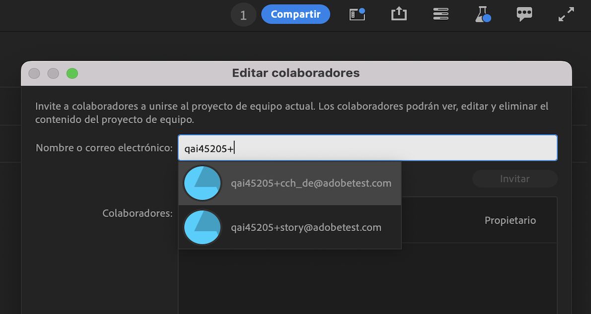 La IU muestra cómo puede agregar colaboradores a un proyecto con la opción de compartir.